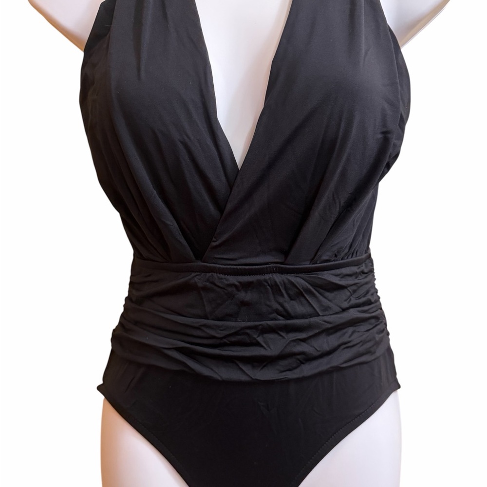 Badgley Mischka Black Ruched One-Piece Swimsuit - Picture 2 of 6